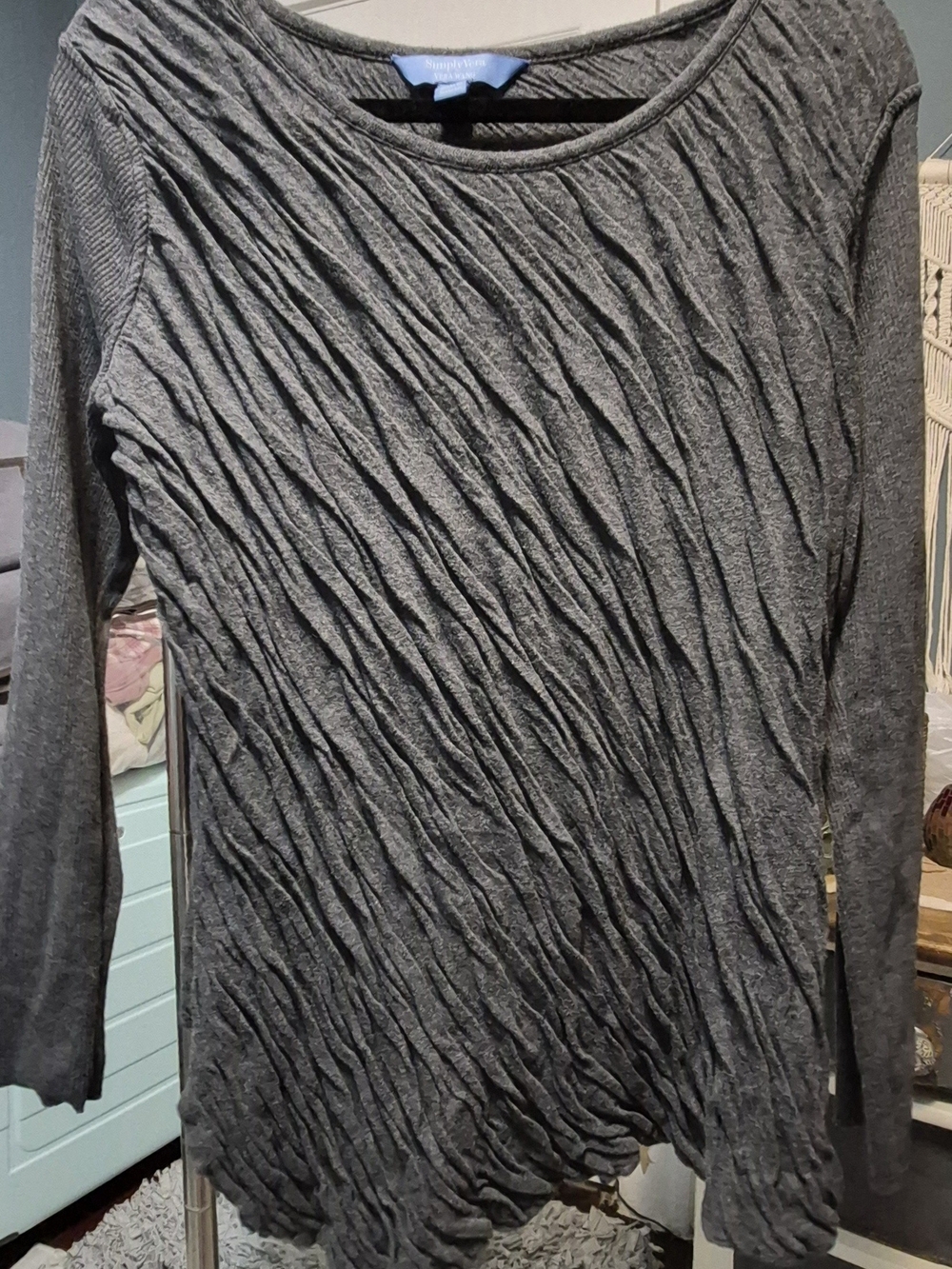 Simply Vera- Vera Wang Dark Gray Crinkle-Texture Long Sleeve Tee Sz L